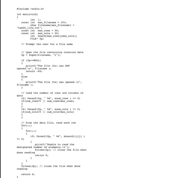 Pinclude <stdio.h int main(void) int i const int max filename 101 char filenanetmax_filenane) Lab06 1ife.txt const int max ro
