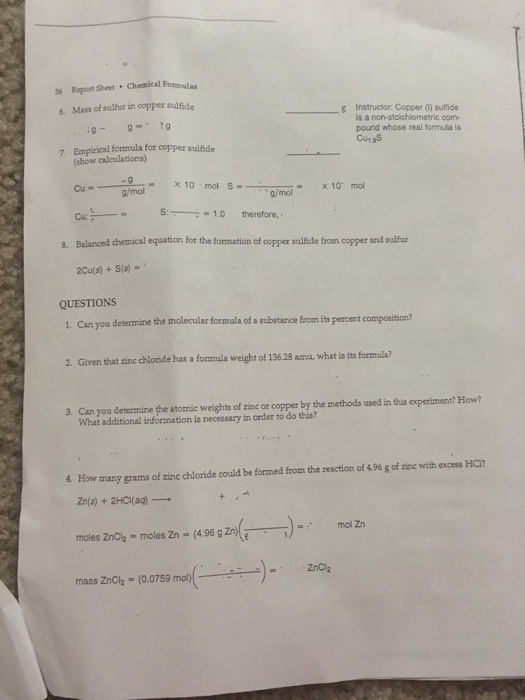 Solved Report Sheet Middot Chemical Formulas Mass Of Sul Chegg Com