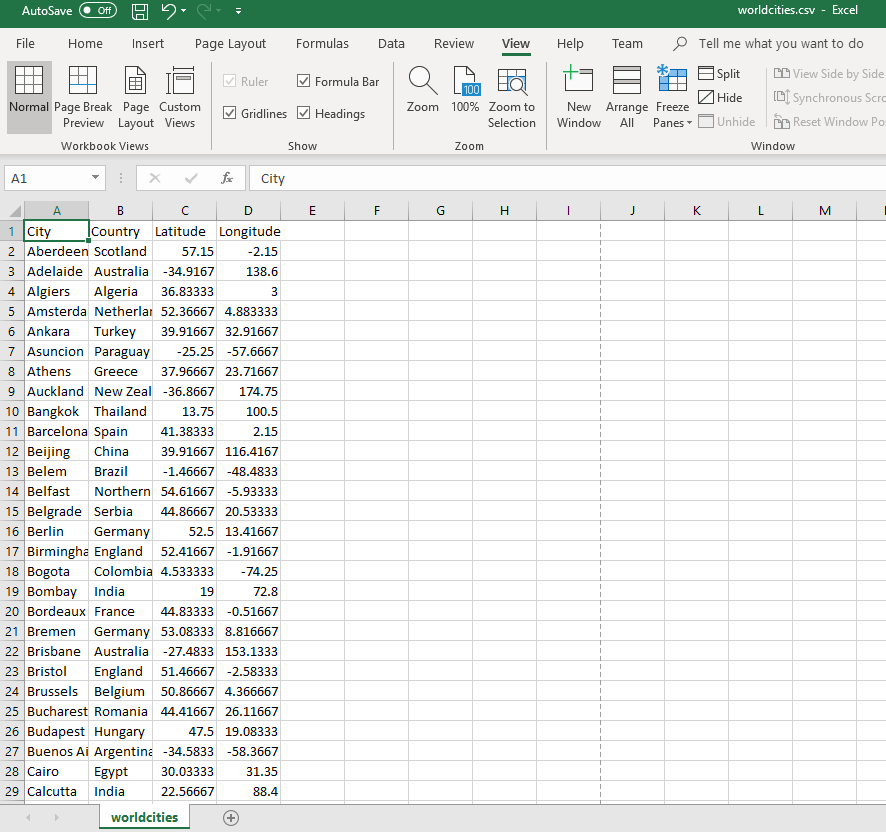 worldcities.csv -Excel AutoSave Off File Home Insert Page Layout FormulasDta Review View Help Team Tell me what you want to d