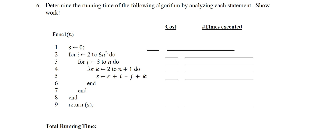 Determine the running time of the following algorithm by analyzing each statement. Show work! 6. Cost #Times executed Func1(n) 2 fori2 to 6n2 do S0; 2 fori2 to 6n for 3 to n do 4 for k2 to n + 1 do 6 end end 8 end 9 return (s); Total Running Time: