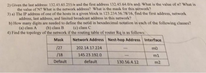 2) Given the last address: 132.45.65.255/n and the first address 132.45.64.0/n and: What is the value of n? What is 3) a) The IP address of one of the hosts in a given block is 123.234.56.78/16, find the first address, network b) How many digits are needed to define the netid in hexadecimal notation in each of the following classes? 4) Find the topology of the network if the routing table of router Rg is as follows the value of N? What is the network address? What is the mask for this network? address, last address, and limited broadcast address in this network? (a) class A (b) class B (c) classC Mask Network Address Nest-hop Address Interface 202.14.17.224 145.23.192.0 default mo ml m2 Default 130.56.4.12