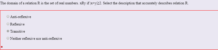 The domain of a relation R is the set of real numbers. xRy if x-y22. Select the description that accurately describes relatio