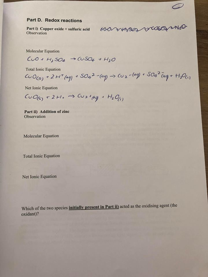 Solved Part D Redox Reactions Part I Copper Oxide Chegg Com