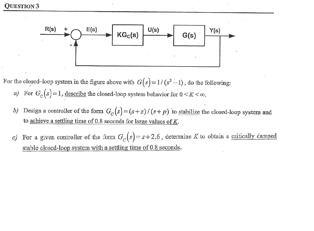 Solved Question 3 R S E S Y S U S For The Closed Loop Chegg Com