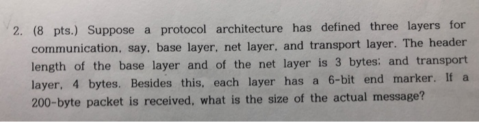 2. (8 pts.) Suppose a protocol architecture has defined three layers for communication, say, base layer, net layer, and trans