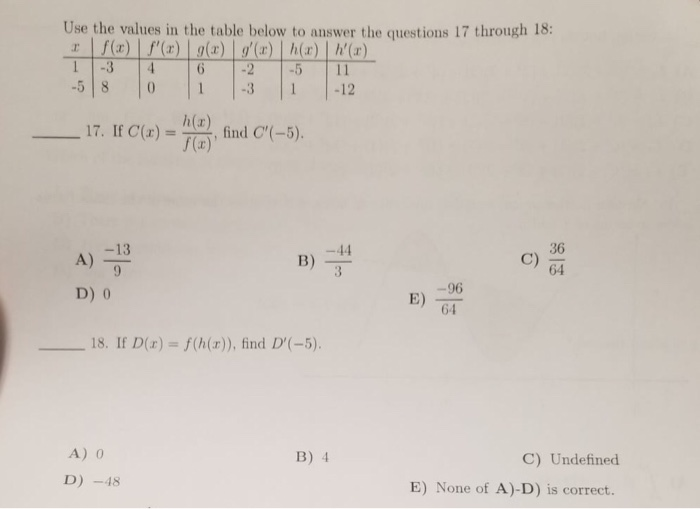 Solved Use The Values In The Table Below To Answer The Qu