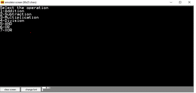 emulator screen (BO025 chars) Select the operation 1-Addition 2-Subtraction 3-Multiplication 4-Division AND 6-0R 7-XOR clear