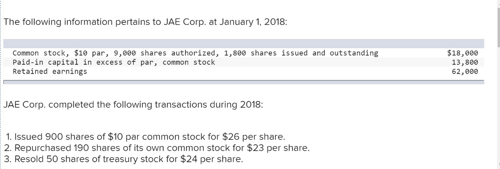 The following information pertains to JAE Corp. at January 1, 2018: Common stock, $10 par, 9,00e shares authorized, 1,800 shares issued and outstanding Paid-in capital in excess of par, common stock Retained earnings $18,000 13,800 62,000 JAE Corp. completed the following transactions during 2018: 1. Issued 900 shares of $10 par common stock for $26 per share. 2. Repurchased 190 shares of its own common stock for $23 per share 3. Resold 50 shares of treasury stock for $24 per share.