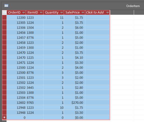 Orderltem OrderID ItemID QuantitySalePrice Click to Add v $1.75 $3.75 $6.00 1 $1.00 $5.00 2 $2.00 $1.00 $3.75 $4.10 1 $3.50 $