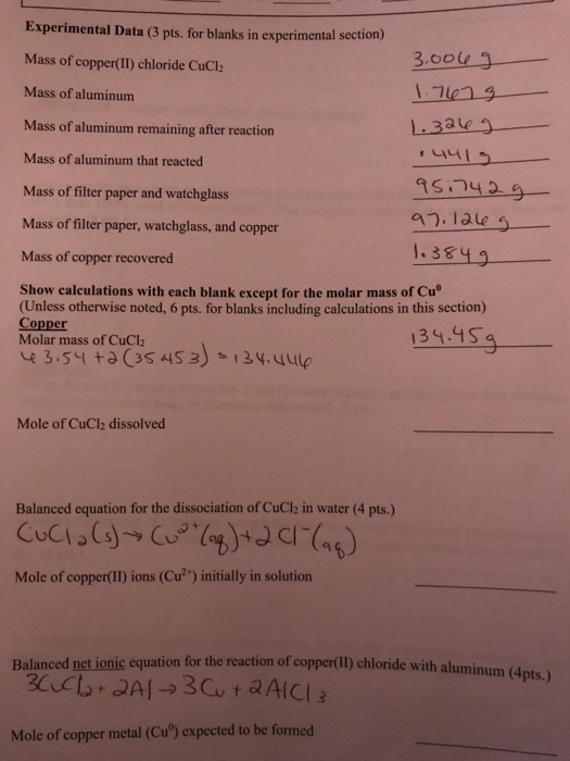 Experimental Data 3 Pts For Blanks In Experimental Chegg 