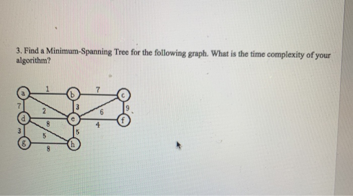 3. Find a Minimum-Spanning Tree for the following graph. What is the time complexity of your algorithm? Ch