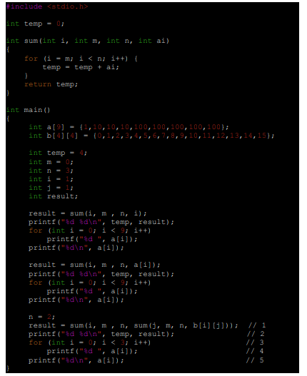 #include <stdio.h> int temp int sum (int i, int m, int n, int ai) for -mi i<n; i+) temp temp aii return temp int a[9)-,10,10,