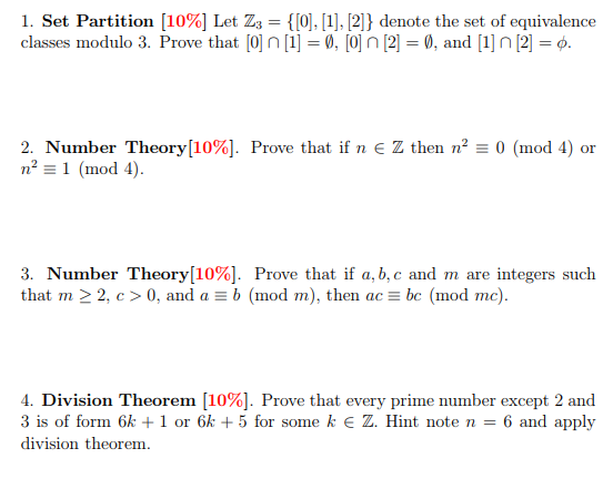 Solved 1 Set Partition 10 Let Z3 10 1 2 Denote Set Equivalence Classes Modulo 3 Prove O N 11 0 0i Q35694639