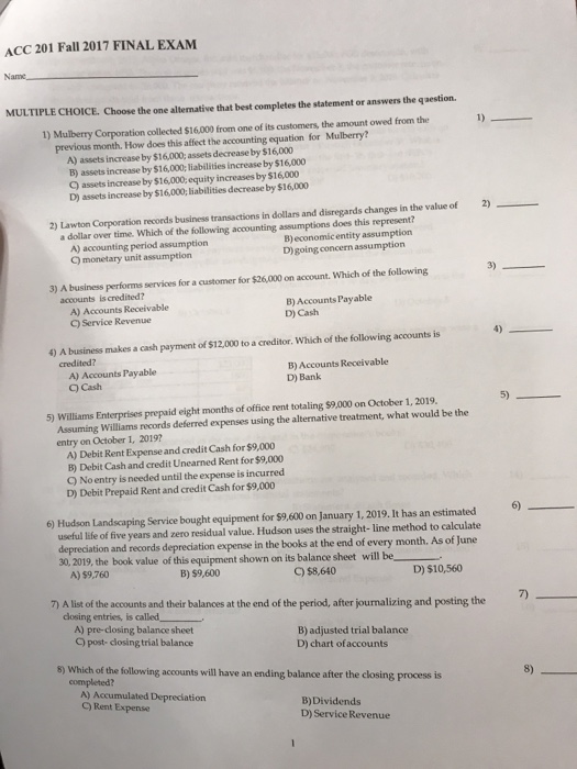 Solved: ACC 201 Fall 2017 FINAL EXAM MULTIPLE CHOICE. Choo... | Chegg.com