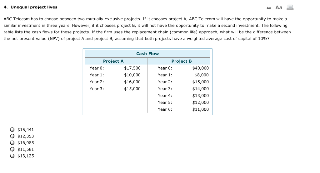 Solved 4 Unequal Project Lives Abc Telecom Has To Chegg Com