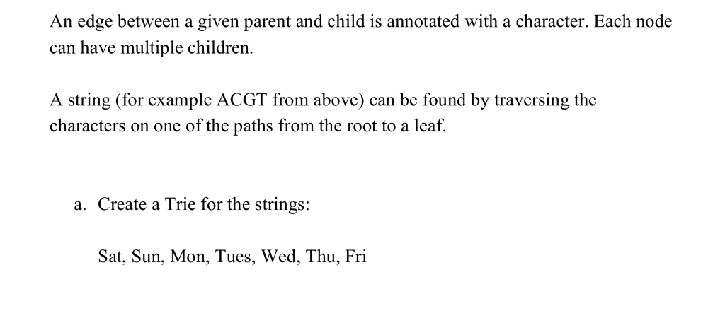 An edge between a given parent and child is annotated with a character. Each node can have multiple children. A string (for e