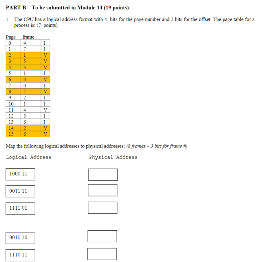 PART B - To be submitted in Module 14 (19 points) The CPU has a logical address format with 4 bits for the page number and 2