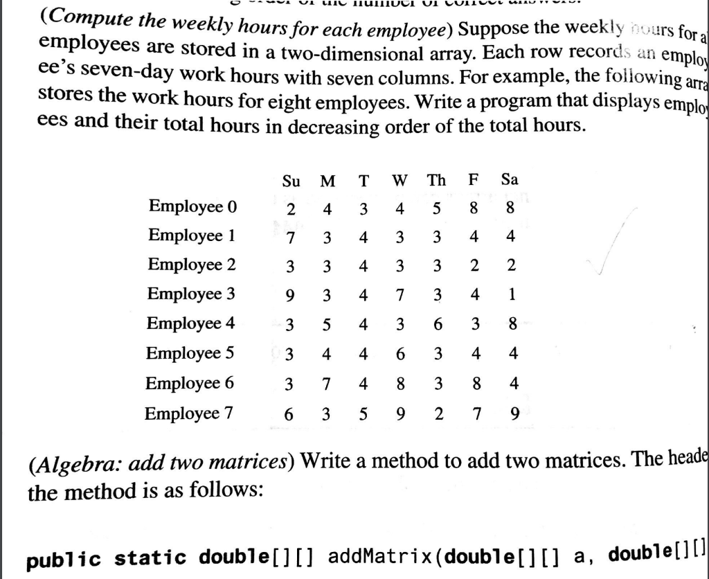 (Compute the employees are stored in a two-dimensional array. Eac weekly hours for each employee) Suppose the weekly nours fo