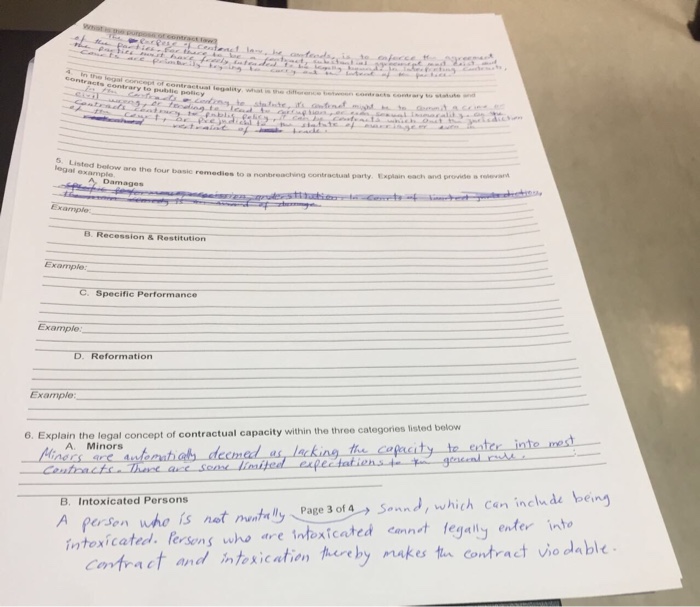 s. Listed below are the four basic remedies to pecific Example Example 6. Explain the legal concept of contractual capacity within the three categories listed belovw A. Minors Intoxicated Persons A Per Sen who is not nwhlyPage3cf4 → Sonnd, which can inchade being mAkes