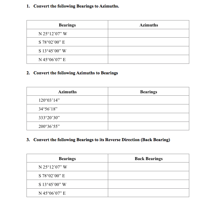 Solved 1 Convert The Following Bearings To Azimuths Bea Convert The Following Bearings To Azimuths N 25 1207 W S
