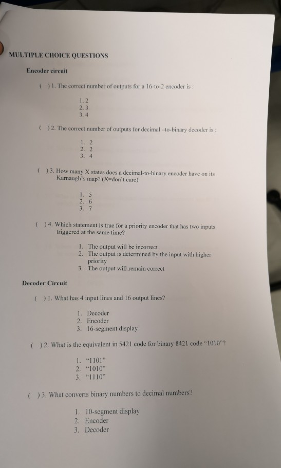 Multiple Choice Questions Encoder Circuit 1 The Chegg 