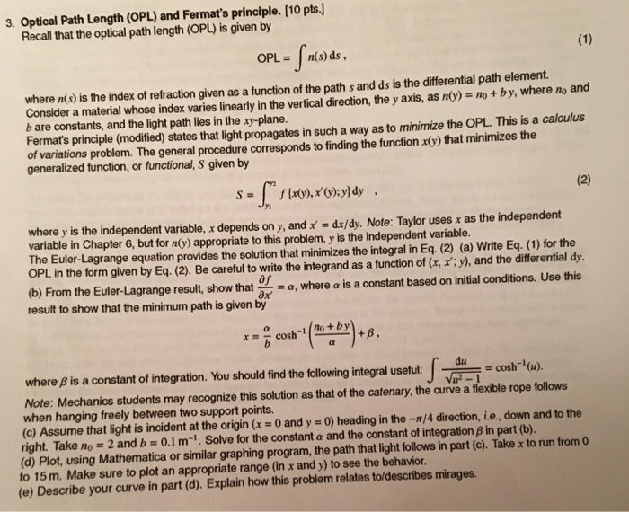 Solved 3 Optical Path Length Opl And Fermat S Principl Chegg Com