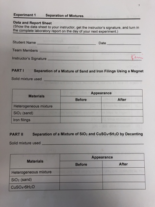 Experiment 1 Separation Of Mixtures Data And Report Chegg Com