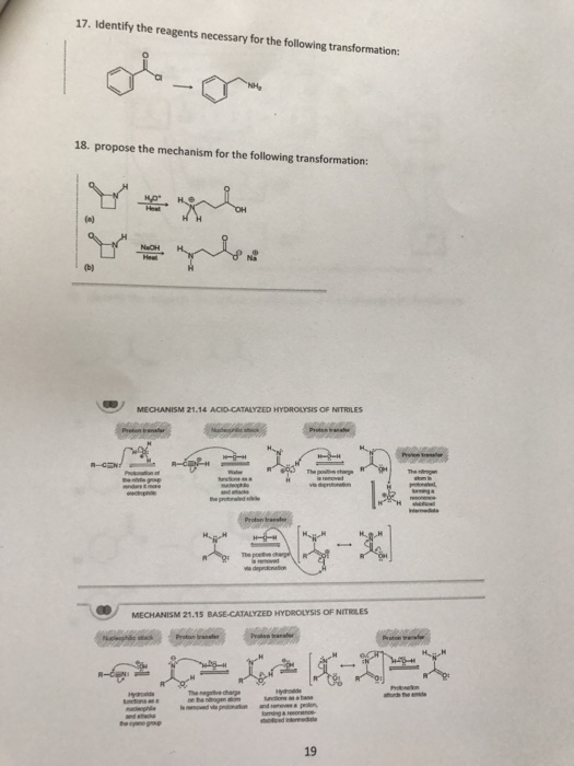 17. Identify the reagents necessary for the following transformation: 18. propose the mechanism for the following transformation: 19