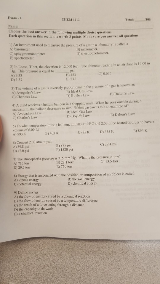 Name: The Total Solved: 1213 100 Exam-4 Choose A ... Best CHEM