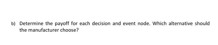 b) determine the payoff for each decision and event node. which alternative should the manufacturer choose?