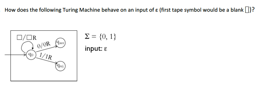 How does the following Turing Machine behave on an input of e (first tape symbol would be a blank)? -0,1 input: ? Trej
