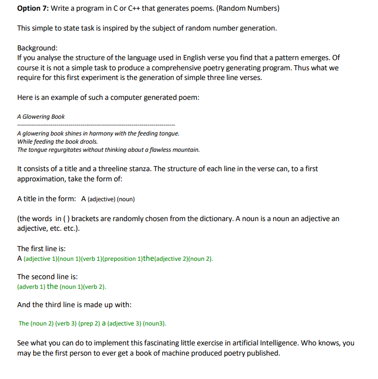 Solved Option 7 Write A Program In C Or C That Generat Chegg Com