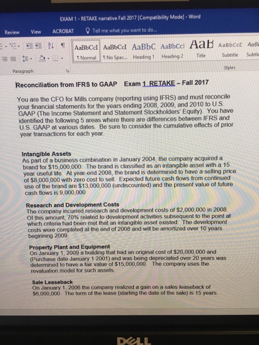 EXAM 1-RETAKE narrative Fall 2017 (Compatibility Model- Word Review View ACROBAT Tell me what you want to do ENormal 1 No Spac... Heading 1 Heading 2Title Subtitle Styles Paragraph Reconciliation from IFRS to GAAP Exam 1.RETAKE - Fall 2017 You are the CFO for Mills company (reporting using IFRS) and must reconcile your financial statements for the years ending 2008, 2009, and 2010 to U.S. GAAP (The Income Statement and Statement Stockholders Equity) You have identified the following 5 areas where there are differences between IFRS and U.S. GAAP at various dates. Be sure to consider the cumulative effects of prior year transactions for each year Intangible Assets As part of a business combination in January 2004, the company acquired a brand for $15,000,000. The brand is classified as an intangible asset with a 15 year useful life. At year-end 2008, the brand is determined to have a selling price of $8,000,000 with zero cost to sell. Expected future cash flows from continued use of the brand are $13,000,000 (undiscounted) and the present value of future cash flows is 9,000,000 Research and Development Costs The company incurred research and development costs of $2,000,000 in 2008. Of this amount, 70% related to development activities subsequent to the point at which criteria had been met that an intangible asset existed. The development costs were completed at the end of 2008 and will be amortized over 10 years beginning 2009 Property Plant and Equipment On January 1, 2009 a building that had an original cost of $20,000,000 and (Purchase date January 1 2001) and was being depreciated over 20 years was determined to have a fair value of $15,000,000. The company uses the revaluation model for such assets Sale Leaseback On January 1, 2006 the company realized a gain on a sales leaseback of $6,000,000. The term of the lease (starting the date of the sale) is 15 years. KILL