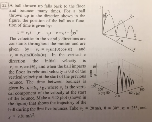 22. A ball thrown up falls back to the floor and bounces many times. For a ball thrown up in the direction shown in the figur