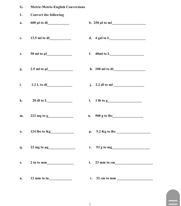 Solved G Metric Metric English Conversions Convert The F Chegg Com