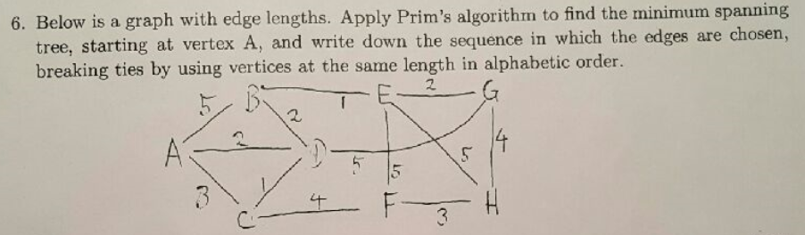 6. Below is a graph with edge lengths. Apply Prims algorithm to find the minimum spanning tree, starting at vertex A, and wr