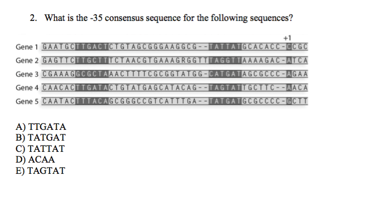 2. What is the -35 consensus sequence for the following sequences? Gene 1 Gene 2 GAGTTCTTGCTTTCTAACGTGAAAGRGGTITAGGTTAAAAGAC-ATCA Gene 3 CGAAAGGCG Gene 4 Gene 5 CAATACT ATTAT ACACC CAACACTTGATACTGTATGAGCATACA A) TTGATA B) TATGAT C) TATTAT D) ACAA E) TAGTAT