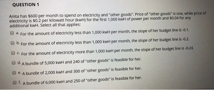 Solved Why The Correct Options Are B And D Only Not Incl Question 1 Anita Has 600 Per Month To Spend On Electricity And Other Goods Price