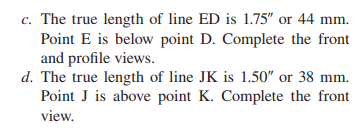 c. the true length of line ed is 1.75 or 44 mm. point e is below point d. complete the front and profile views. d. the true