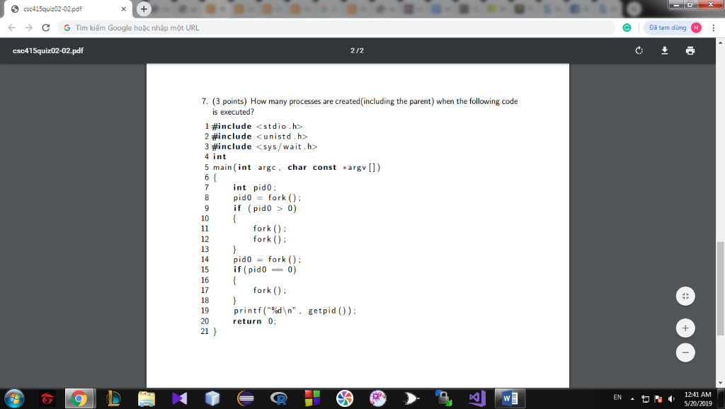 csc415quiz02-02pdf ← → G Tìm kiếm Google hoac nhap môt URL csc415quiz02-02.pdf 2/2 7. (3 points) How many processes are creat