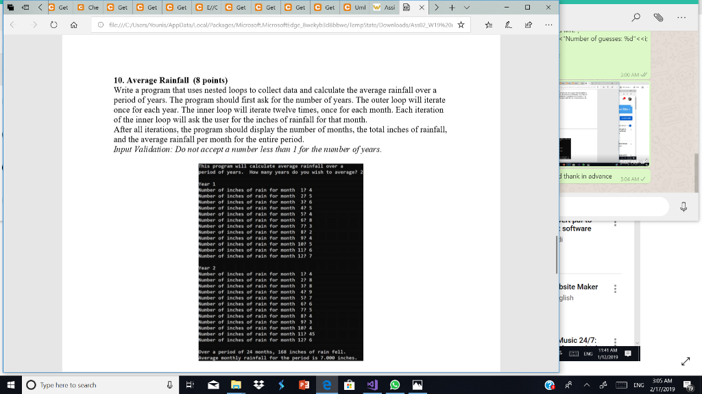 < > O 仚 O file:///C/Users/younis/AppD MicrosoftEdge s/Ass02,W1996201 L Number of guesses: %d<< i; 500 AM 10. Average Rainfal