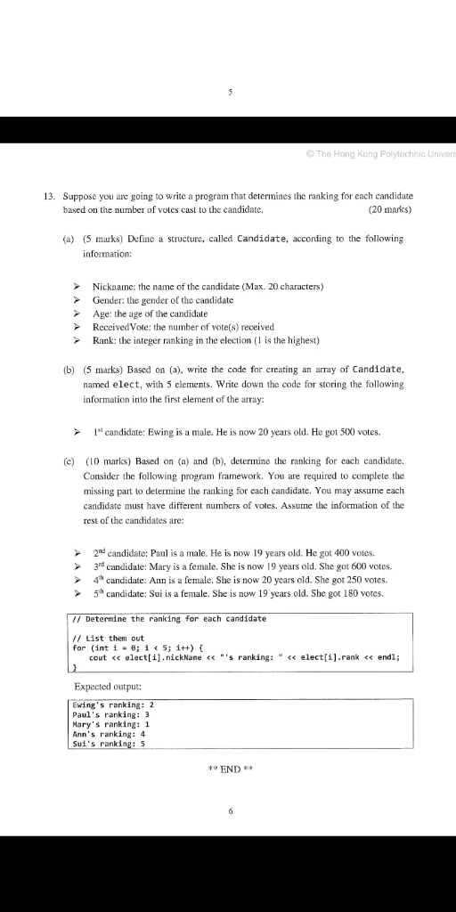 ©The Hong Kong Polytechnic Univer 13. Suppose you are going to write a program that determines the ranking for each candidate