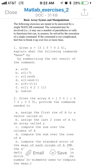Solved At T Lte 9 22 Am 28 L Matlab Exercises 2 Doc 3 Chegg Com