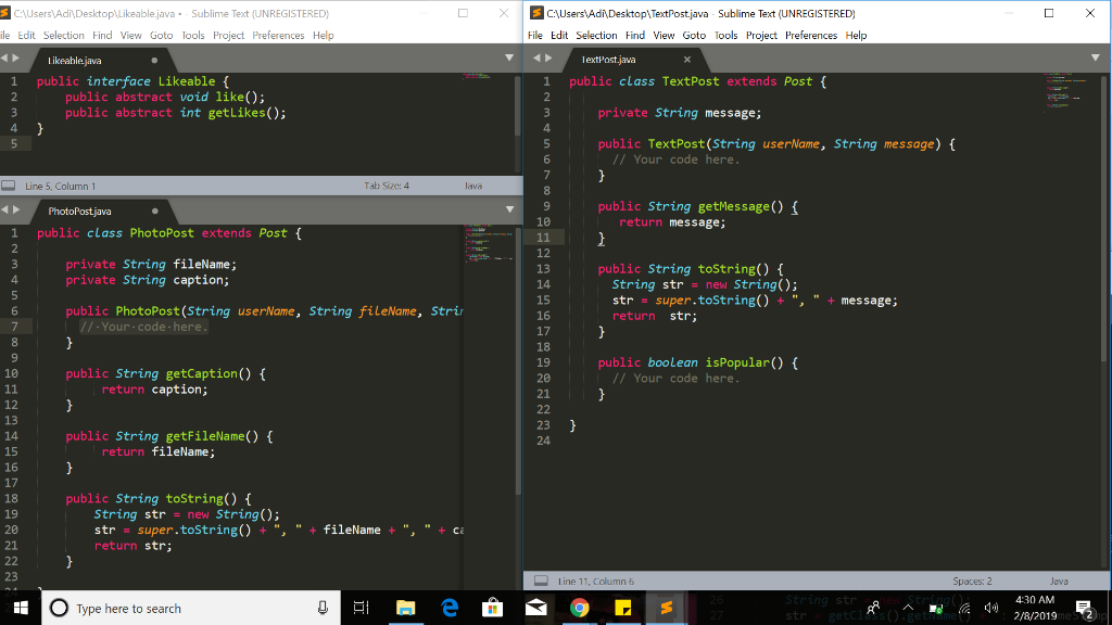 ktop Likeablejava -Sublime Text (UNREGISTERED) pTextPost.java Sublime Text (UNREGISTERED) ile Edit Selection Find View Goto T