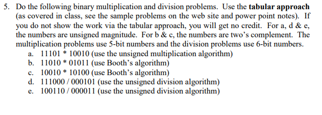 5. Do the following binary multiplication and division problems. Use the tabular approach (as covered in class, see the sampl