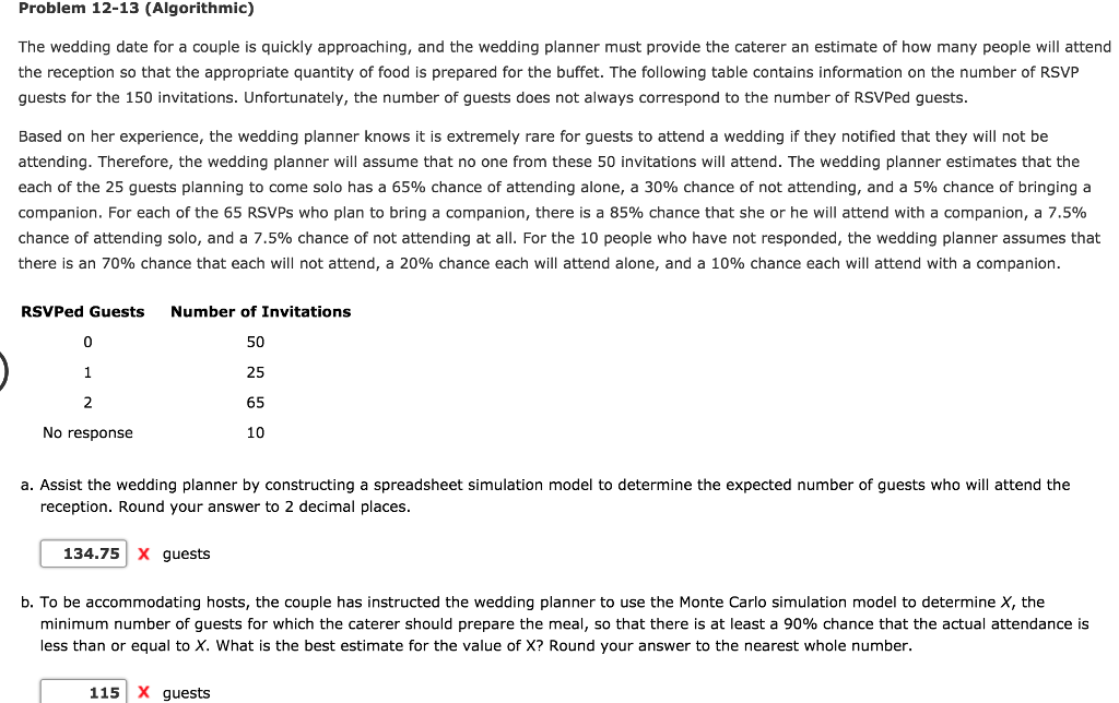 Problem 12-13 (algorithmic) the wedding date for a couple is quickly approaching, and the wedding planner must provide the caterer an estimate of how many people will attend the reception so that the appropriate quantity of food is prepared for the buffet. the following table contains information on the number of rsvp guests for the 150 invitations. unfortunately, the number of guests does not always correspond to the number of rsvped guests. based on her experience, the wedding planner knows it is extremely rare for guests to attend a wedding if they notified that they will not be attending. therefore, the wedding planner will assume that no one from these 50 invitations will attend. the wedding planner estimates that the each of the 25 guests planning to come solo has a 65% chance of attending alone, a 30% chance of not attending, and a 5% chance of bringing a companion. for each of the 65 rsvps who plan to bring a companion, there is a 85% chance that she or he will attend with a companion, a 7.5% chance of attending solo, and a 7.5% chance of not attending at all. for the 10 people who have not responded, the wedding planner assumes that there is an 70% chance that each will not attend, a 20% chance each will attend alone, and a 10% chance each will attend with a companion. rsvped guests number of invitations 50 25 65 10 0 no response a. assist the wedding planner by constructing a spreadsheet simulation model to determine the expected number of guests who will attend the reception. round your answer to 2 decimal places. 134.75 x guests b. to be accommodating hosts, the couple has instructed the wedding planner to use the monte carlo simulation model to determine x, the minimum number of guests for which the caterer should prepare the meal, so that there is at least a 90% chance that the actual attendance is less than or equal to x. what is the best estimate for the value of x? round your answer to the nearest whole number. 115x guests