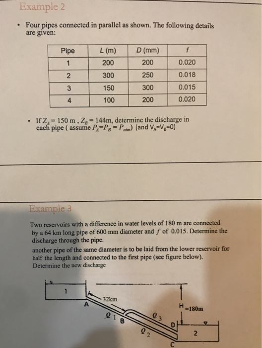 Example 2 . Four pipes connected in parallel as shown. The following details are given: Pipe L (m) D (mm) 200 300 150 100 200 250 300 200 0.020 0.018 0.015 0.020 2 4 . Irz,-150 m , Z,-144m, determine the discharge in each pipe (assume P-PB Patm) (and VA-V-0) ie 3 Two reservoirs with a difference in water levels of 180 m are connected by a 64 km long pipe of 600 mm diameter and f of 0.015. Determine the discharge through the pipe. another pipe of the same diameter is to be laid from the lower reservoir for half the length and connected to the first pipe (see figure below). Determine the new discharge 32km H-180m