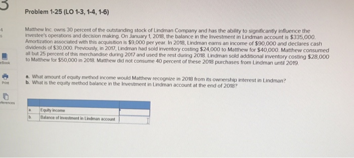 Problem 1-25 (LO 1-3, 1-4, 1-6) Matthew Inc owns 30 percent of the outstanding stock of Lindman Company and has the ability to significantly influence the investees operations and decision making. On January 1, 2018, the balance in the Investment in Lindman account is $335,000 Amortization associated with this acquisition is $9,000 per year. In 2018, Lindman earns an income of $90,000 and declares cash dividends of $30,000. Previously, in 2017, Lindman had sold inventory costing $24,000 to Matthew for $40,000. Matthew consumed all but 25 percent of this merchandise during 2017 and used the rest during 2018 Lindman sold additional inventory costing $28,000 to Matthew for $50,000 in 2018. Matthew did not consume 40 percent of these 2018 purchases from Lindman until 2019 eBook . What amount of equity method income would Matthew recognize in 2018 from its ownership interest in Lindman? Pint b. What is the equity method balance in the Investment in Lindman account at the end of 2018? ferences a Equity income b Balance of investment in Lindman accountT