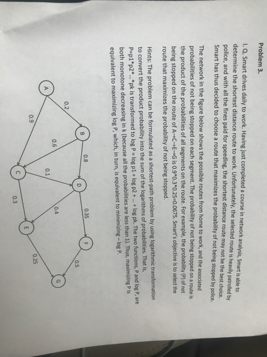 Problem 3 1. Q. Smart drives daily to work. Having just completed a course in network a determine the shortest distance route to work. Unfortunately, the selected route police, and with all the fines paid for speeding, the shortest distance route may not be the best choi Smart has thus decided to choose a route that maximizes the probability of not being stopped by police. analysis, Smart is able to is heavily patrolled by The network in the figure below shows the possible routes from home to work, and the associated probabilities of not being stopped on each 

<div class=