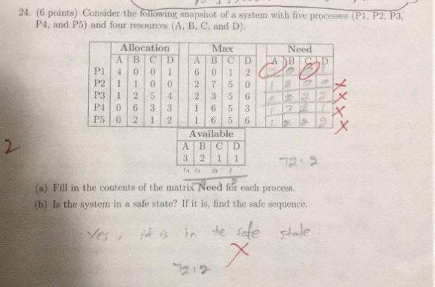 24. (6 points) Consider the following snapshot of a system with five processes (PI, P2, P3 P4, and P5) and four resources (A,